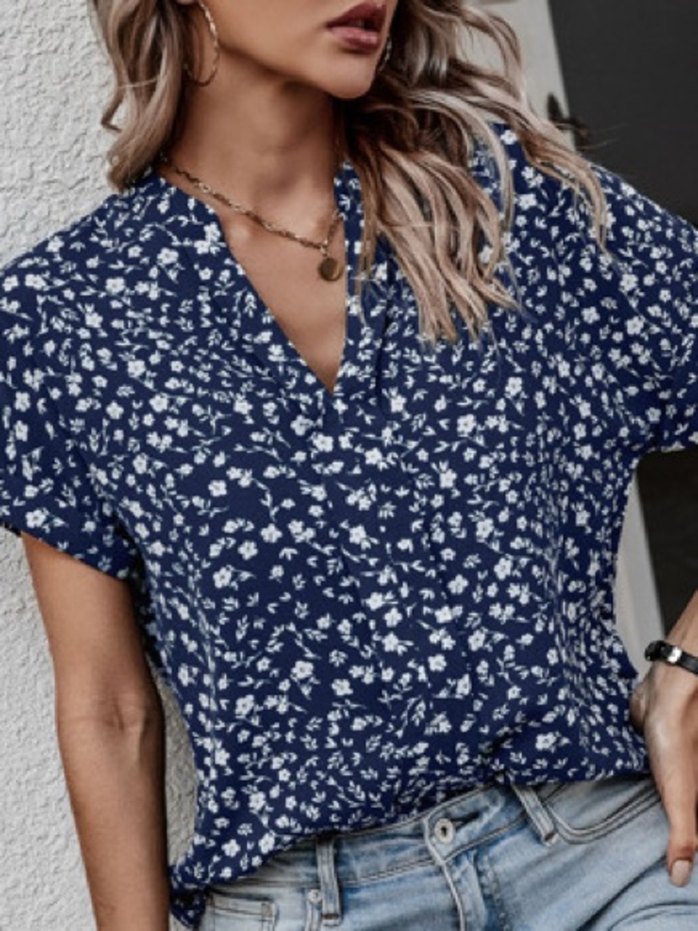 W5 Blue Short-Sleeve Button Down with White Floral Dot Print